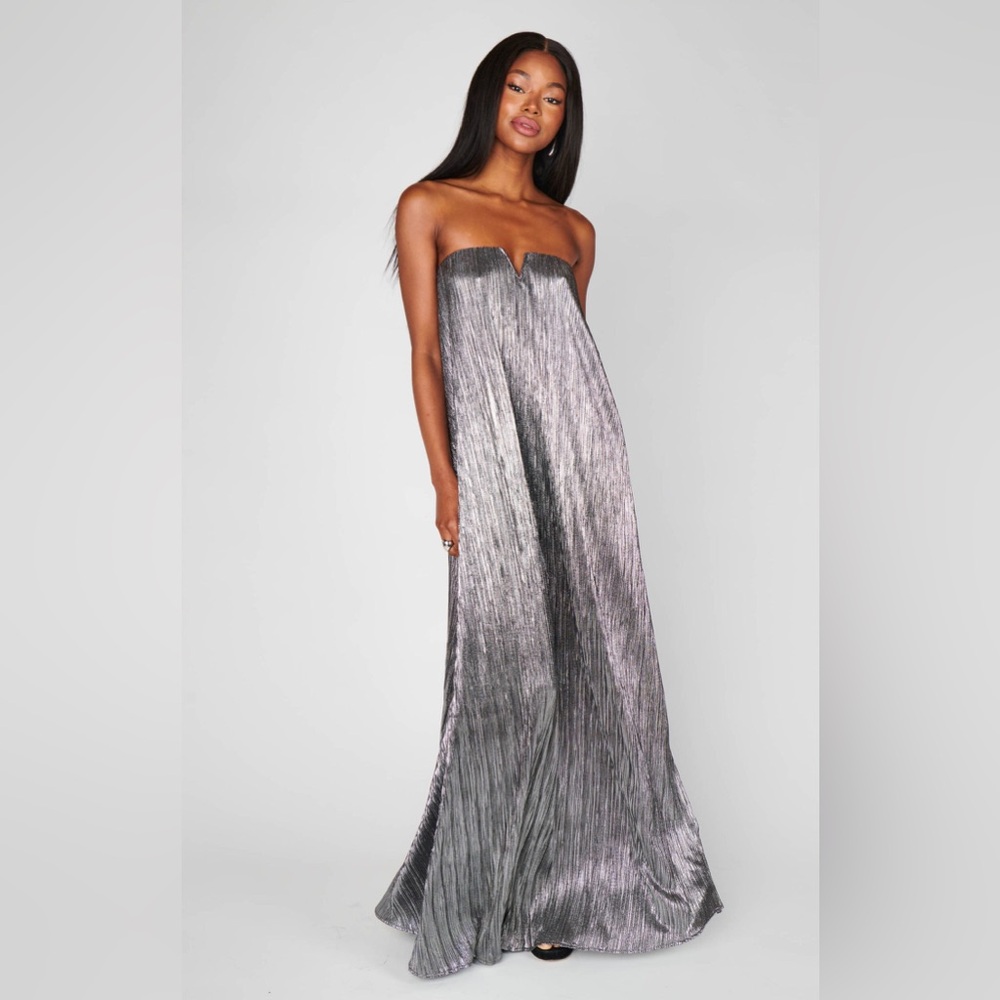 NWT Show Me Your Mumu Athena Maxi Dress size Medium M Silver Pleated strapless - Picture 2 of 3